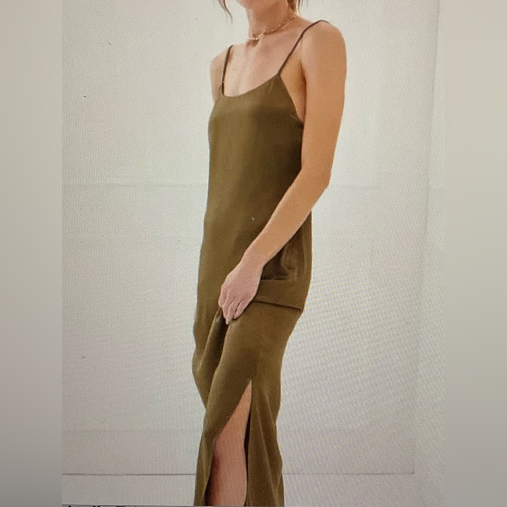 NWOT Something Navy Essential Silky Slip Dress in Olive Green